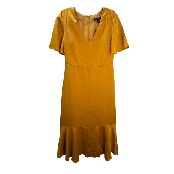 Banana Republic Mustard Yellow Midi Dress W/ V-Neck & Ruffle Hem Size 2 - Picture 4 of 10